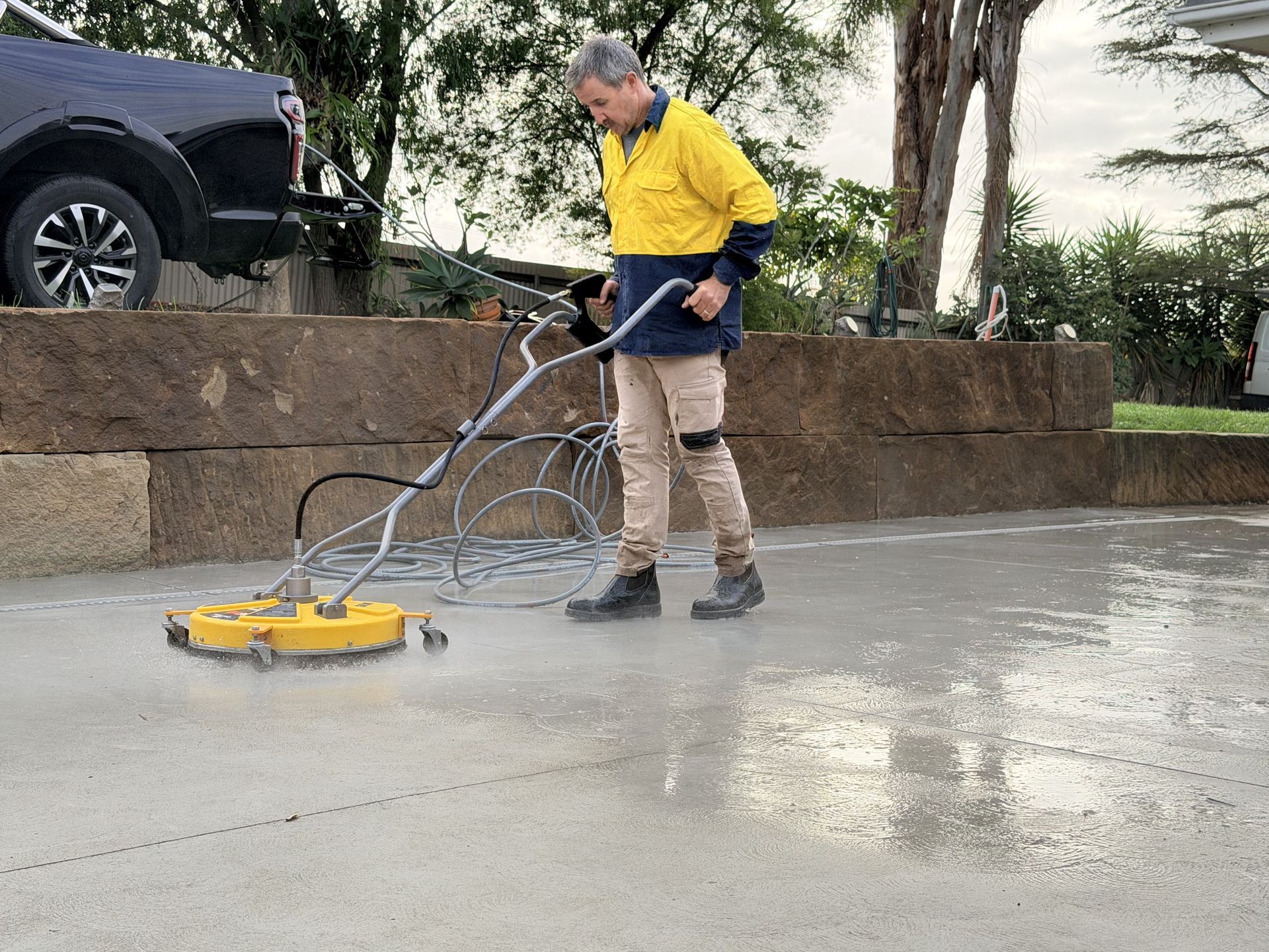Worker pressure-washing a wet concrete driveway with a yellow surface cleaner