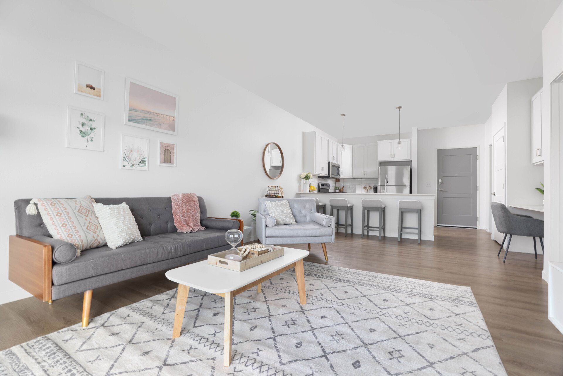 Living room area and kitchen