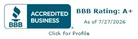 BBB Accredited Business badge with A+ rating, dated 7/27/2026, and “Click for Profile” text