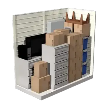 Warehouse shelving unit with stacked cardboard boxes, drawers, and storage bins in a cluttered storage bay