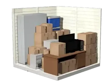 Packed storage room with stacked cardboard boxes, filing cabinets, and office equipment