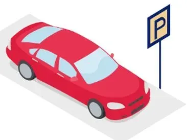 Red car parked beside a parking sign on a white background
