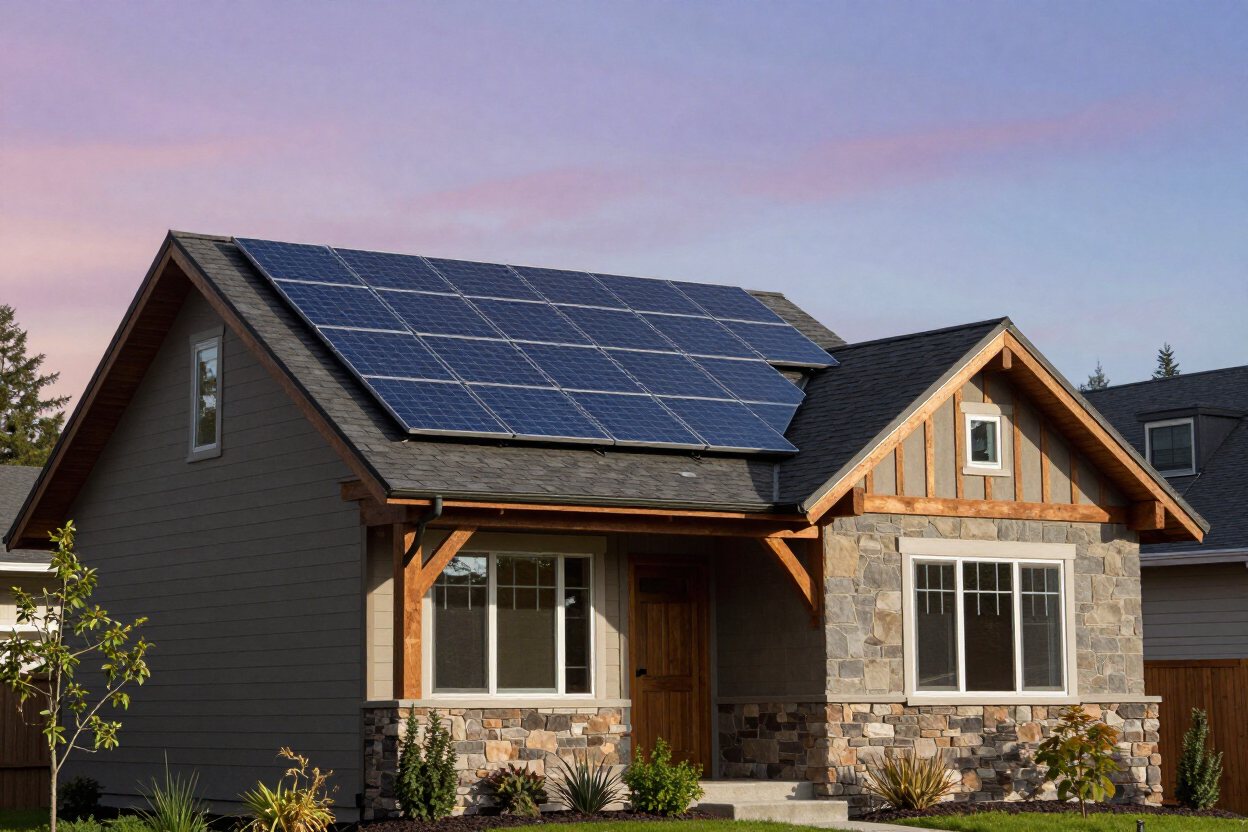 Suburban house with solar panels on the roof at sunset
