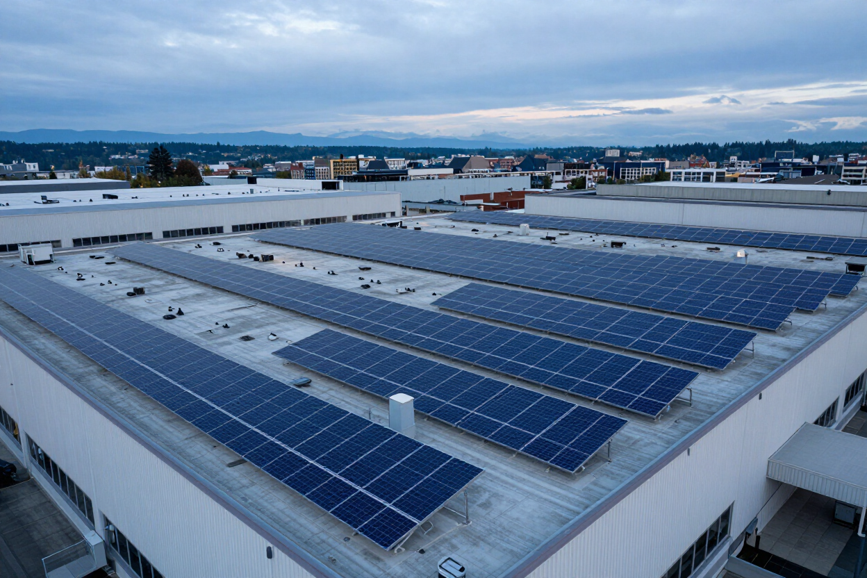 Rooftop solar panels on a large industrial building under a cloudy sky