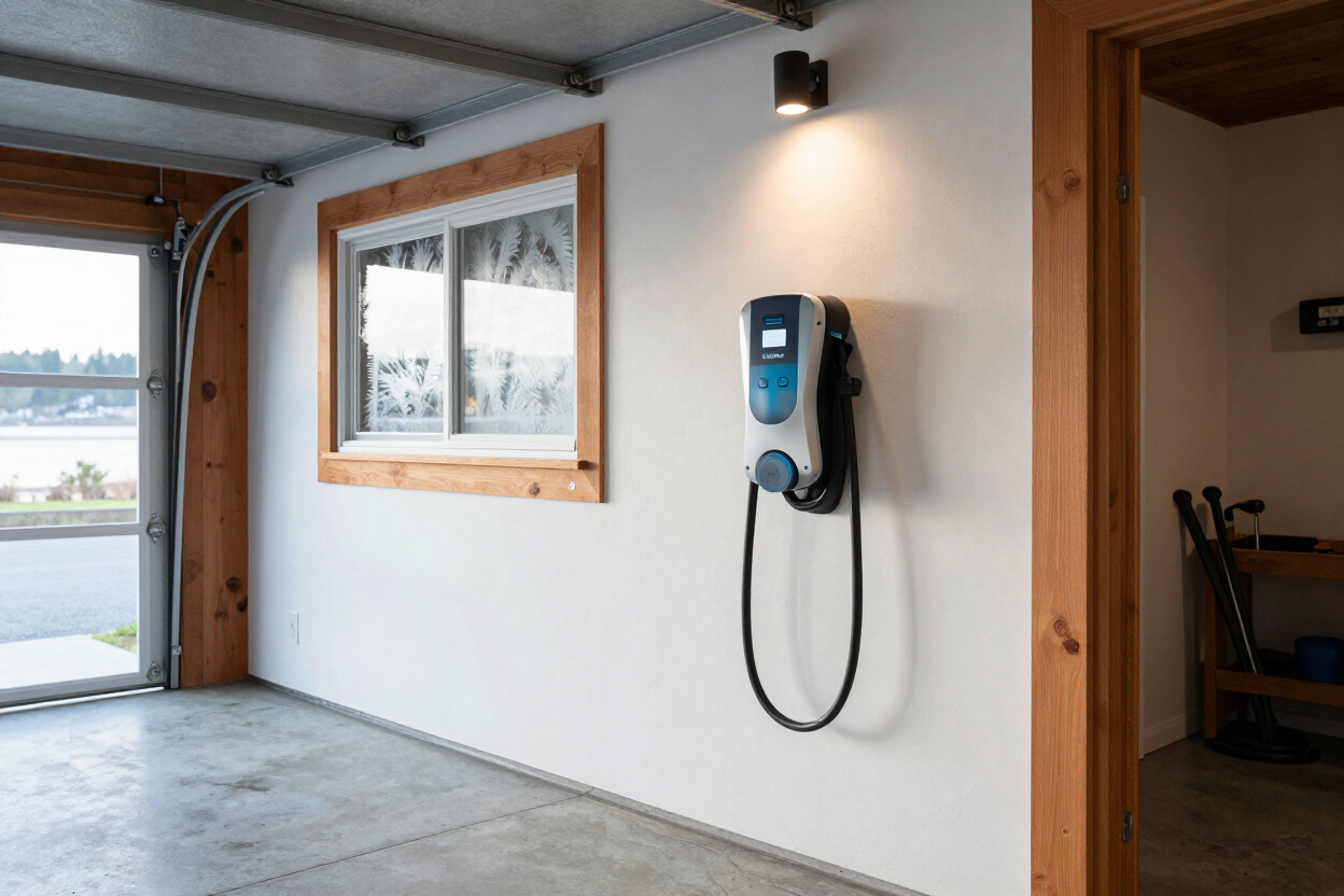 Garage wall with a blue wall-mounted EV charger beside a window and open door.
