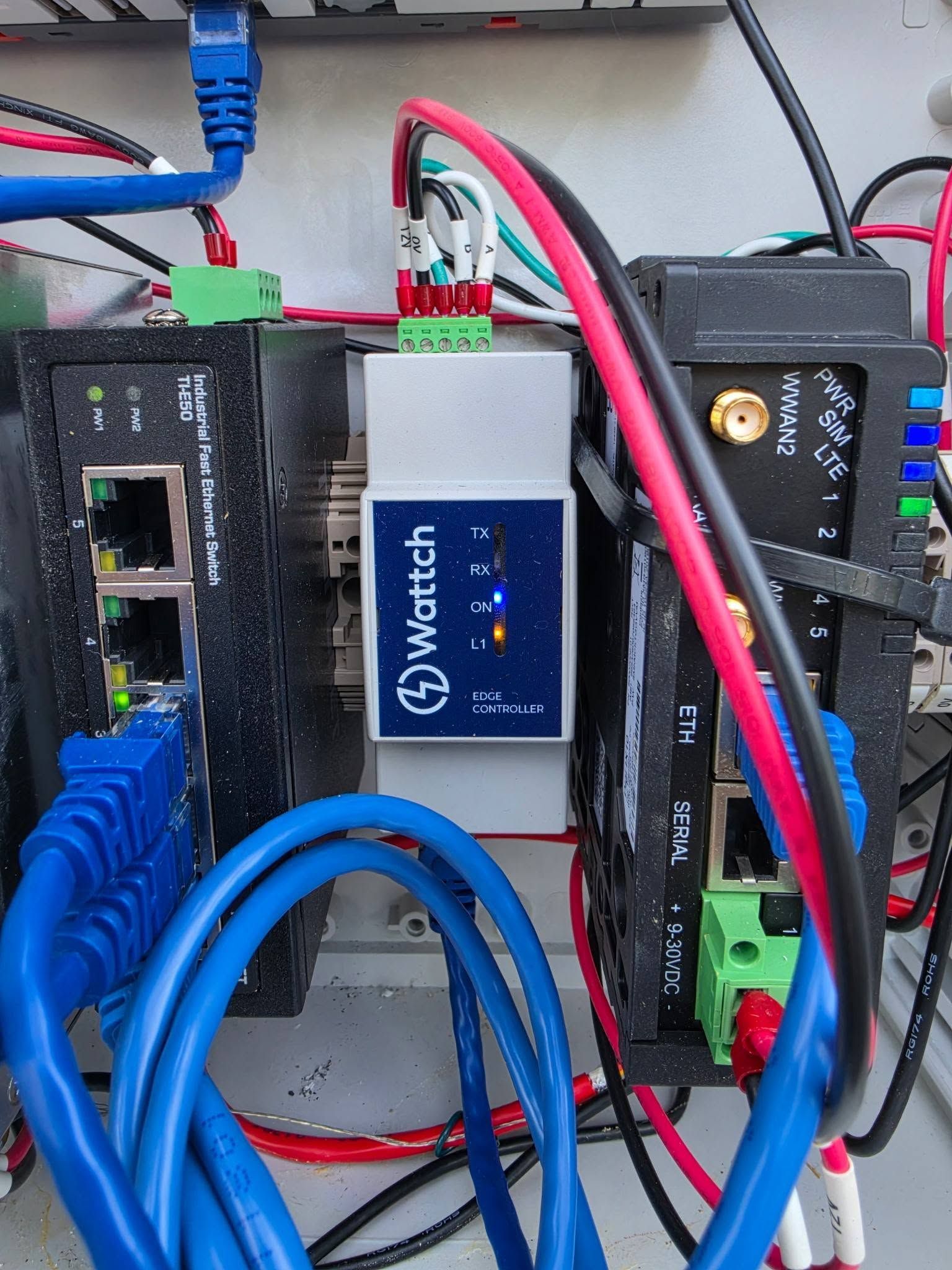 Close-up of a wired network device setup with blue Ethernet cables and a central VyOS router.