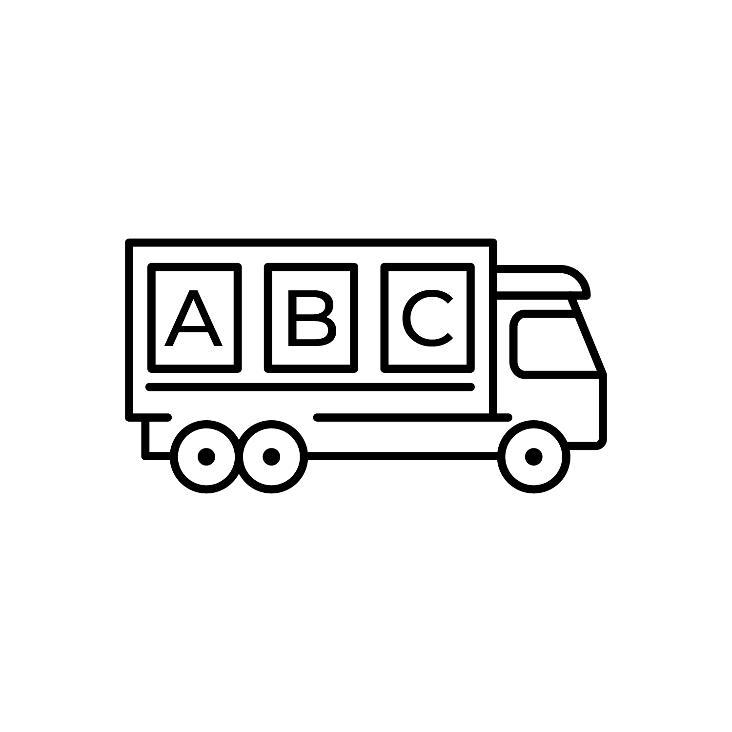 A black and white icon of a truck with the letters abc on it.