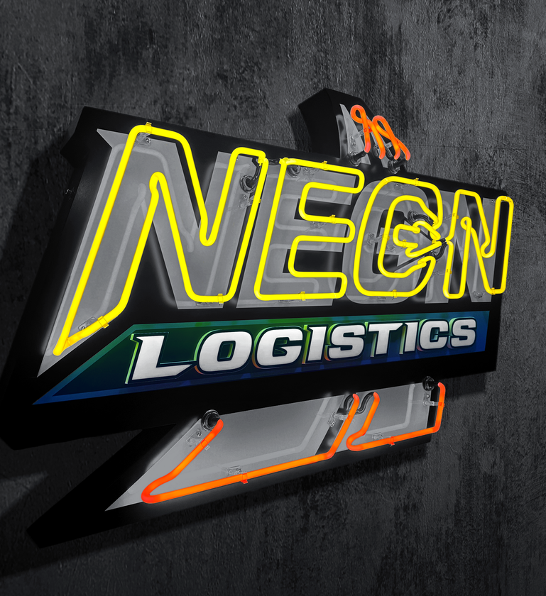 A neon sign that says necn logistics on it