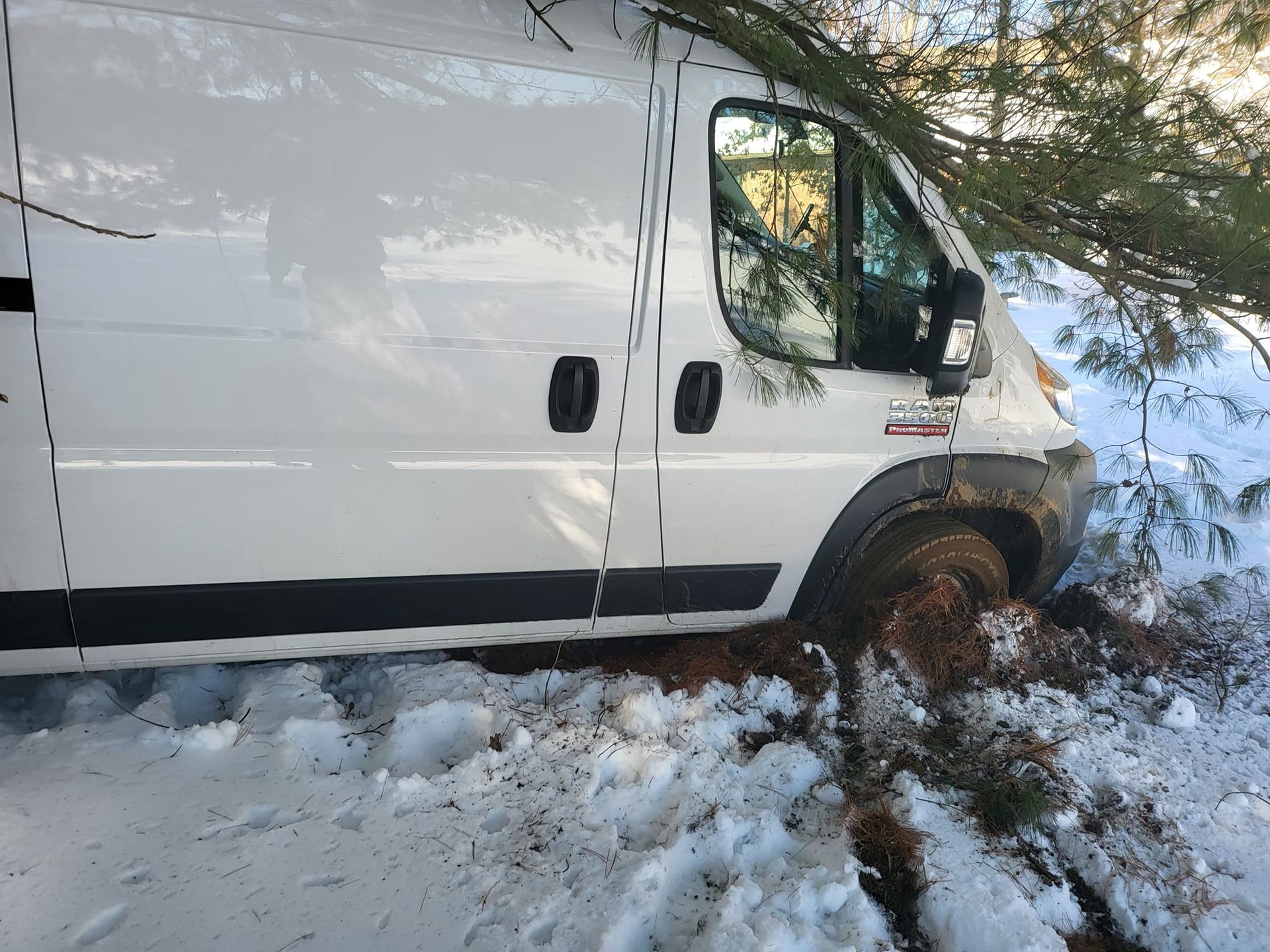 A white van is stuck in the snow next to a tree.