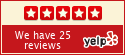 A red sign that says we have 25 yelp reviews