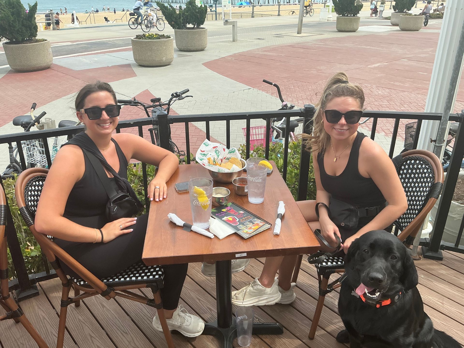 Two women and a dog at an outdoor restaurant table near the beach.