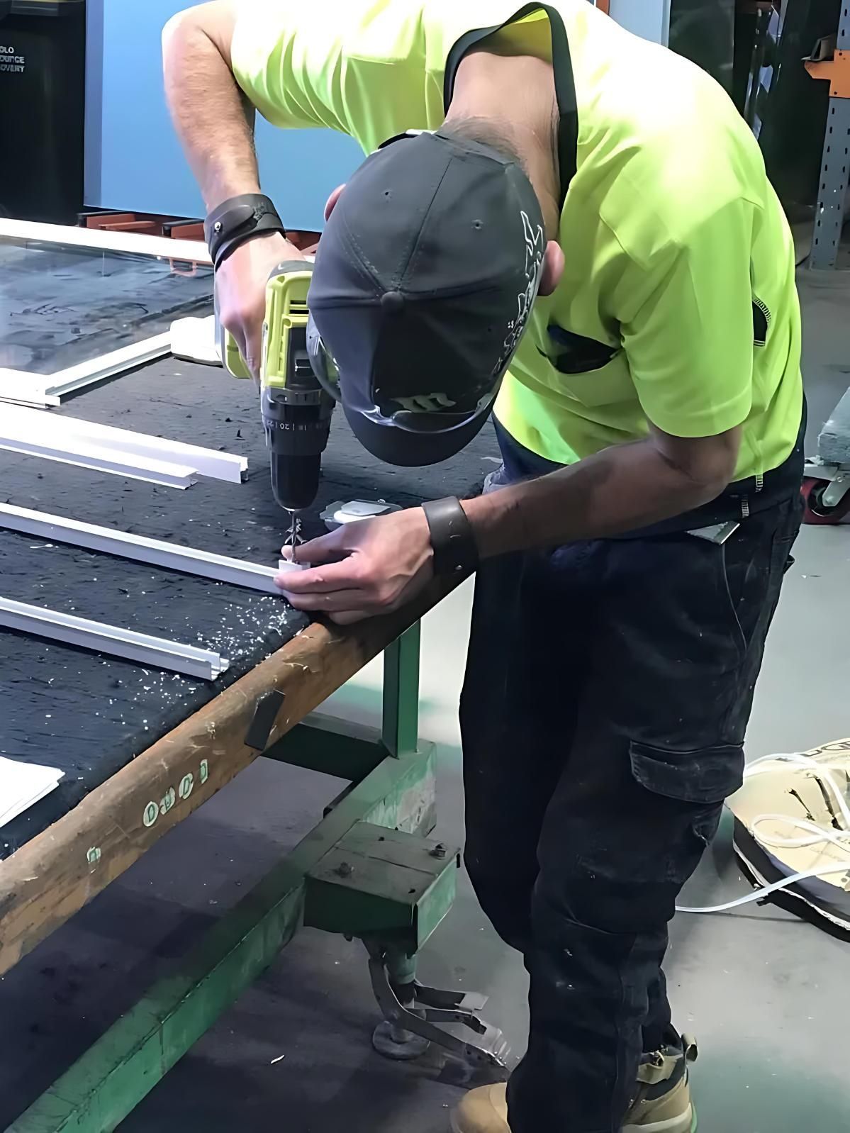 A Man is Using a Drill to Drill a Hole in a Piece of Wood — Cessnock Glass in Cessnock, NSW