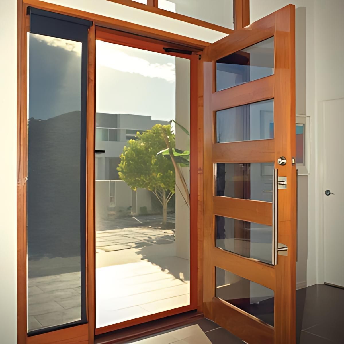 A Wooden Door With a Sliding Glass Door — Cessnock Glass in Maitland, NSW