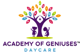 Academy of Geniuses daycare logo with purple tree, colorful leaves, and two children figures