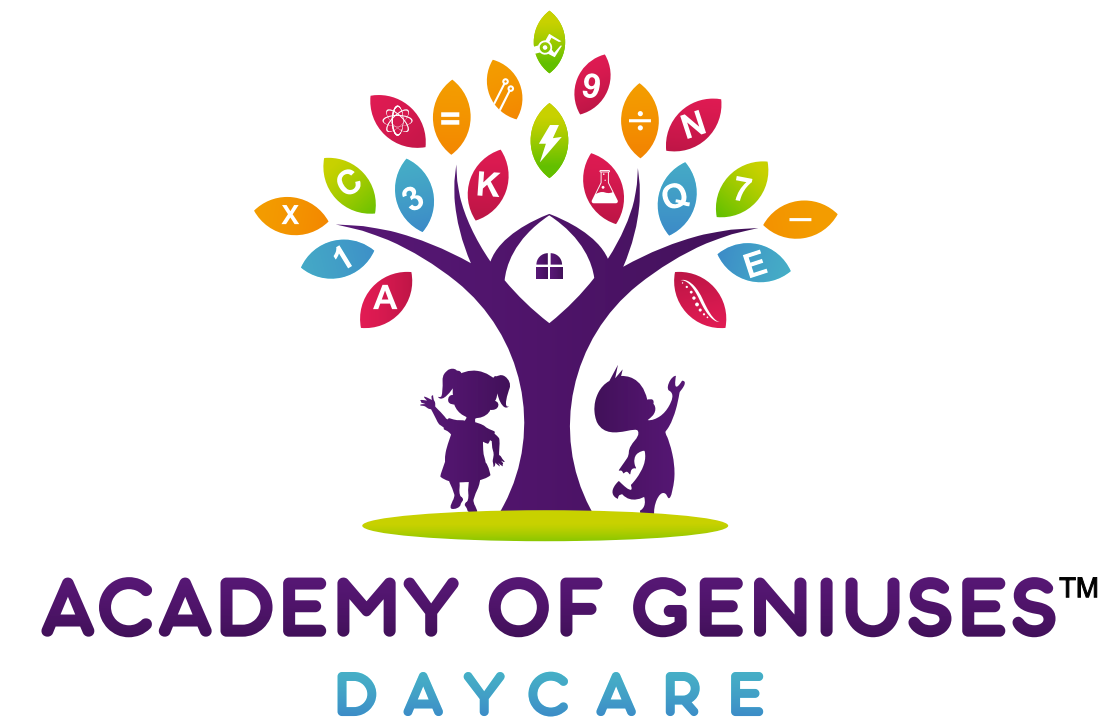Academy of Geniuses daycare logo with purple tree, colorful leaves, and two children figures