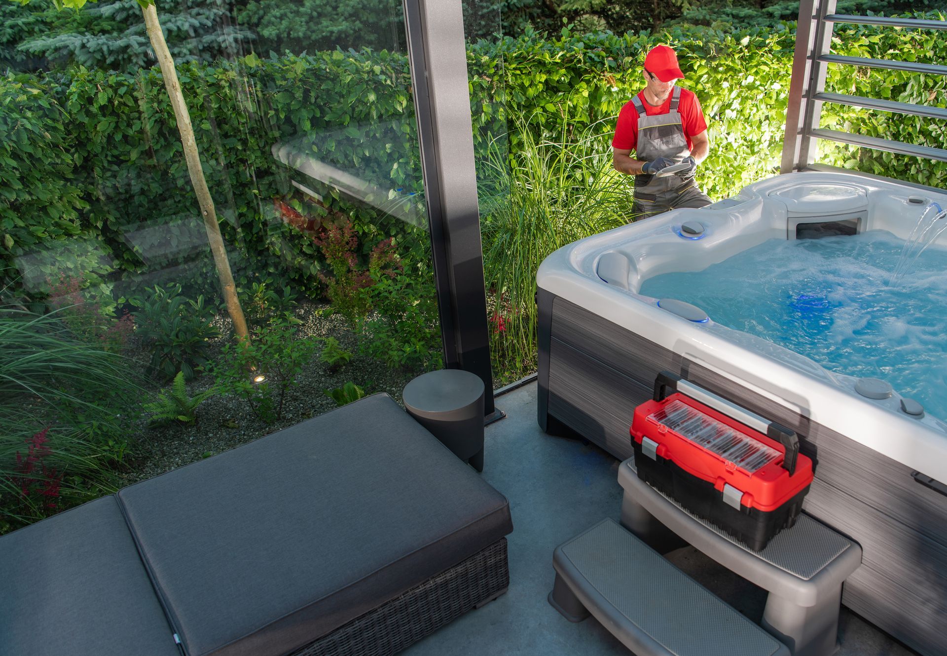 A technician is performing a spa repair, checking the equipment.