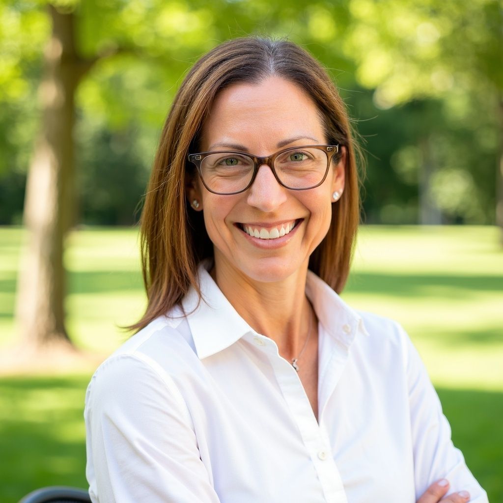 Woman in glasses and a black suit smiles, posing against a white backdrop.
