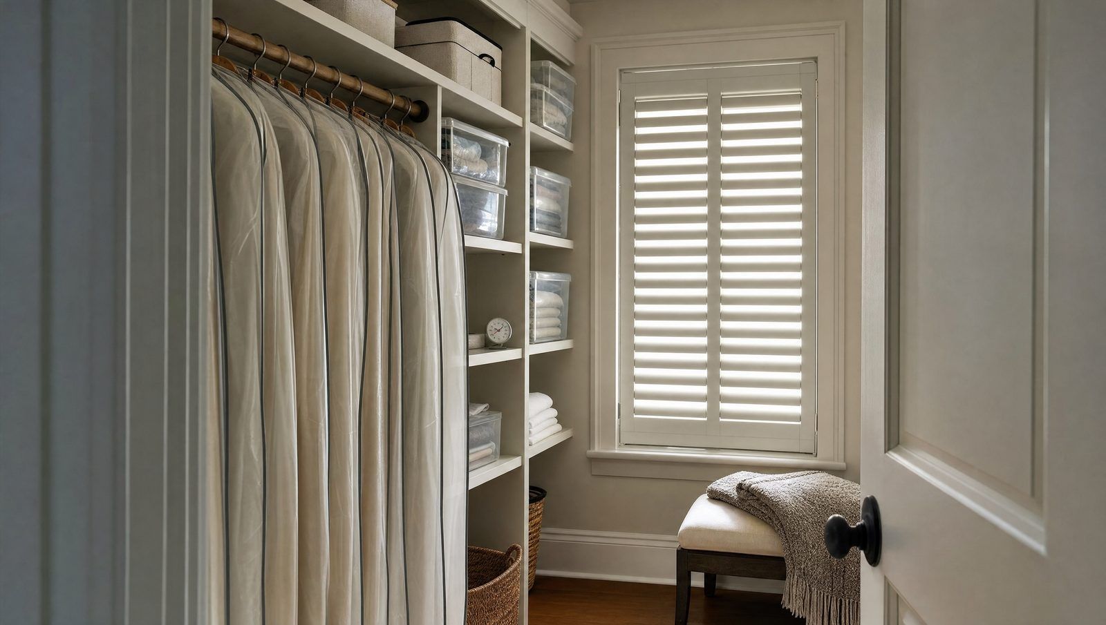Seasonal home closet with garment bags, sealed storage boxes, and shuttered window