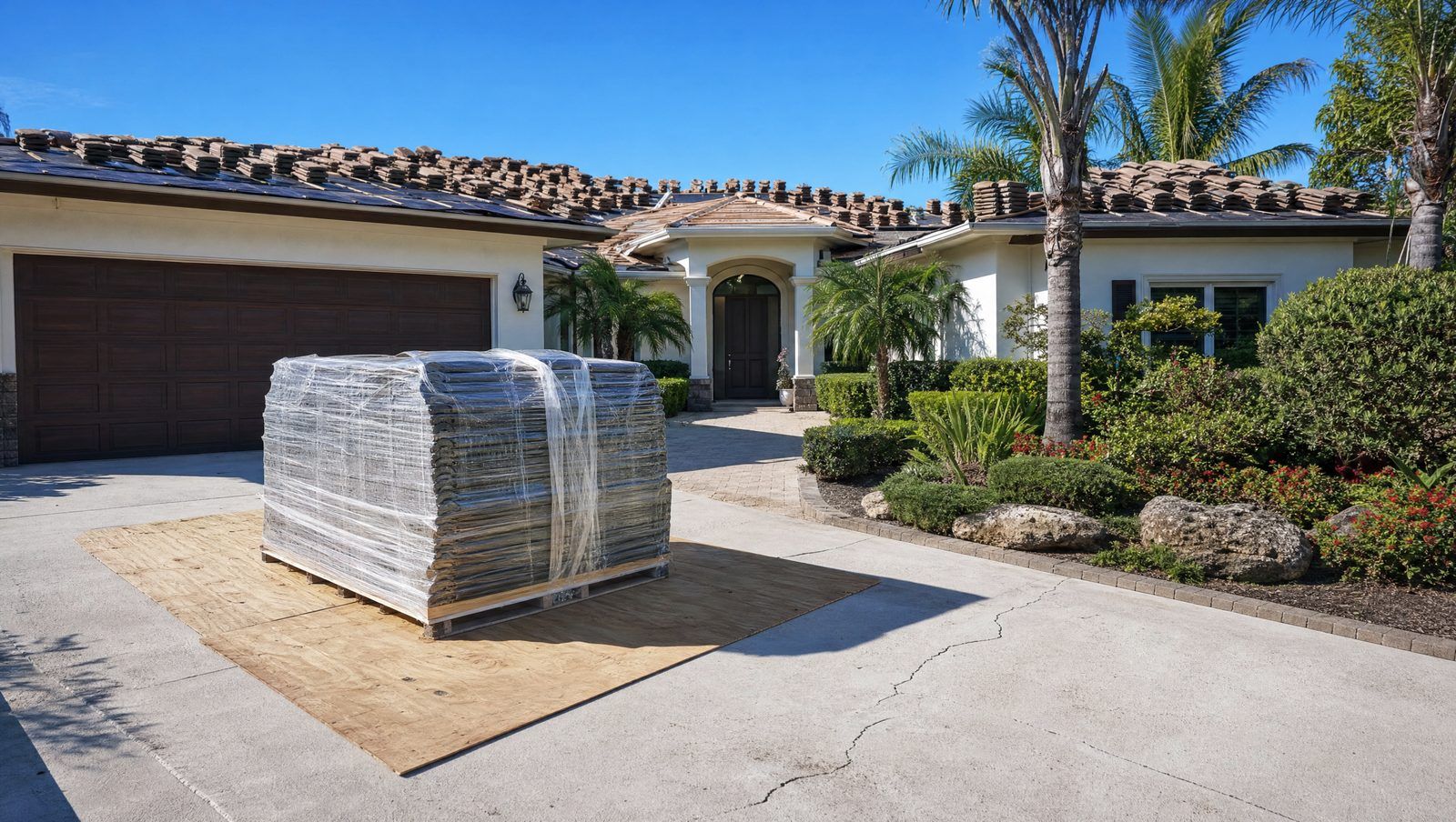 Roof tile pallet on plywood protecting a concrete driveway during a roof replacement