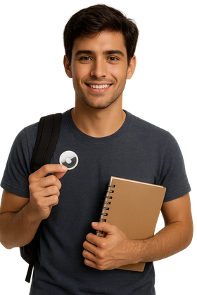 Jovem com mochila segurando um rastreador e um caderno, sorrindo para a câmera.