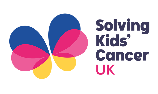 The logo for solving kids cancer uk has a butterfly on it.