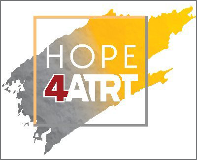 A logo for hope 4 art with a yellow and gray brush stroke