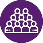 A group of people are sitting in a pyramid in a purple circle.