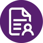 A purple circle with a white icon of a document and a person.