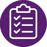 A clipboard with a checklist on it in a purple circle.