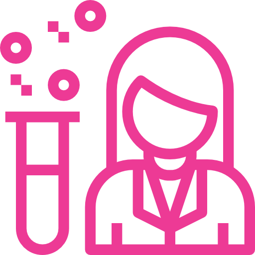 A pink icon of a woman standing next to a test tube.