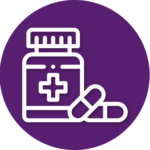 A bottle of pills and a bottle of capsules in a purple circle.