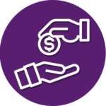 A hand is holding a dollar sign in a purple circle.