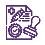 A purple icon of a hand holding a stamp on a piece of paper.