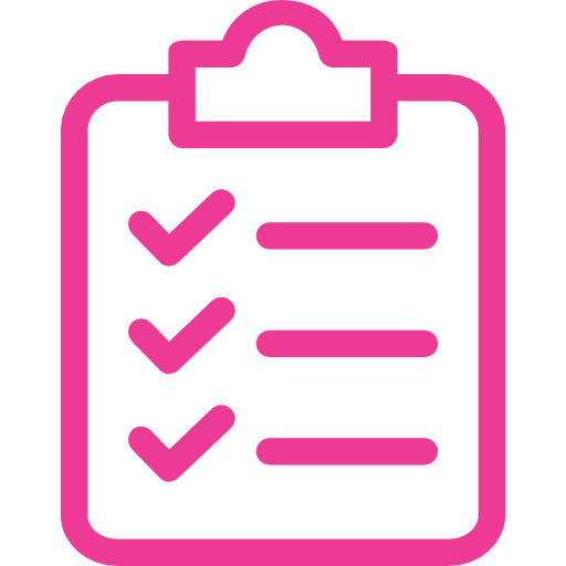A pink clipboard with three check marks on it.