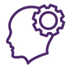 A purple icon of a person 's head with a gear in it.