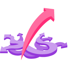 A pink arrow is coming out of a pile of purple dollar signs.