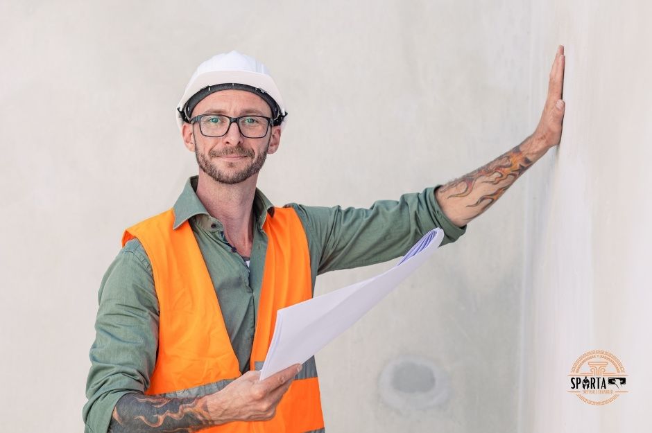 A drywall company worker in orange safety vest and hard hat holds residential construction plans while gesturing with raised hand against white drywall wall near W Harrison St, and W Jackson St, Goodyear, AZ.