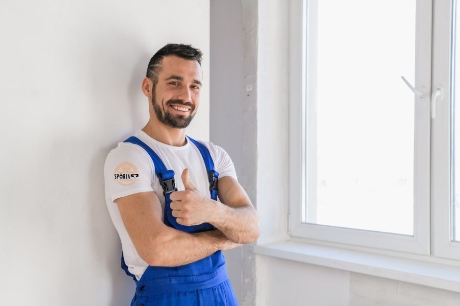 A smiling drywall contractor in blue overalls and white t-shirt gives a thumbs up while standing against freshly installed drywall near a window. This drywall company professional is working on a project near N 96th Way, and E Bajada Rd, Scottsdale, AZ.