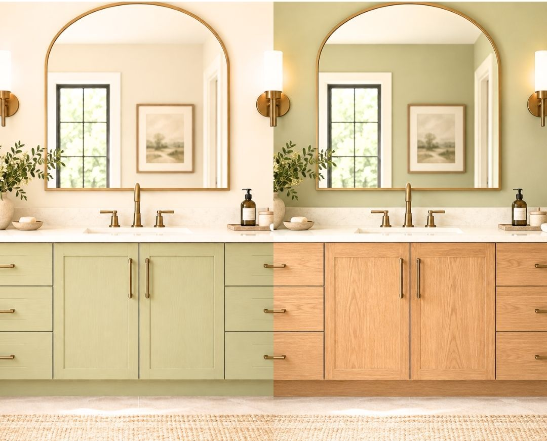Side-by-side bathroom vanity concepts showing Celery-inspired green cabinetry with neutral walls and natural White Oak cabinetry with green walls