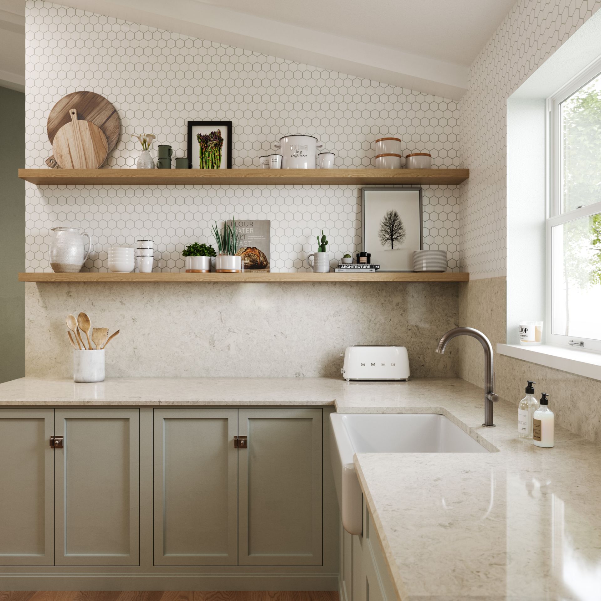 Sage green cabinetry with light Cambria quartz countertops and open shelving