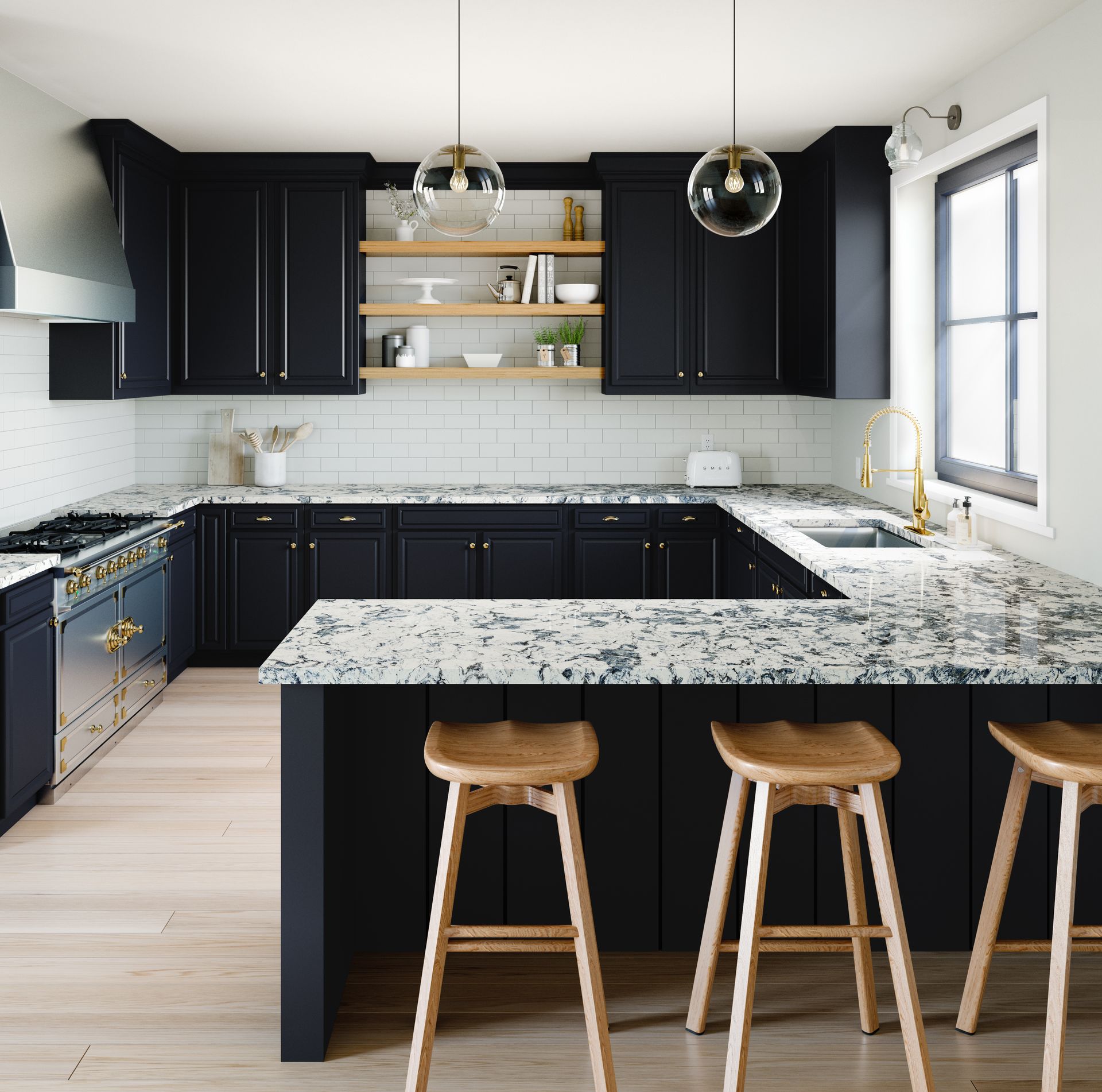 Black kitchen cabinetry with patterned Cambria quartz countertops