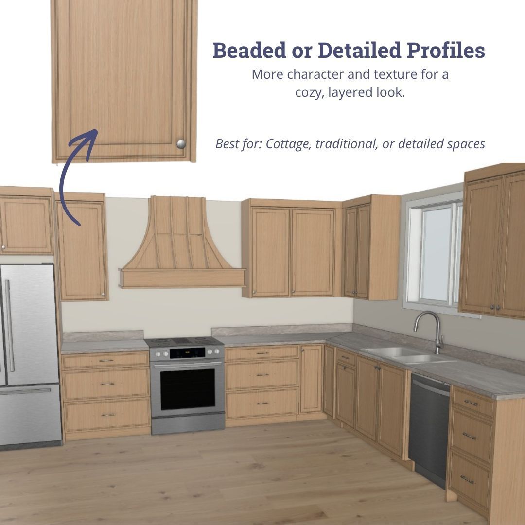 Beaded cabinet door style with decorative profile detail for traditional cabinetry