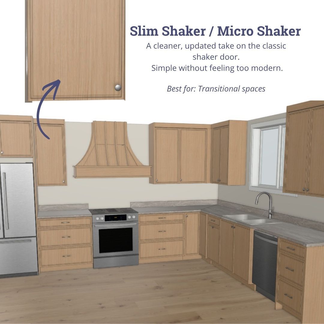 Slim shaker cabinet door style with narrow frame profile for transitional kitchens