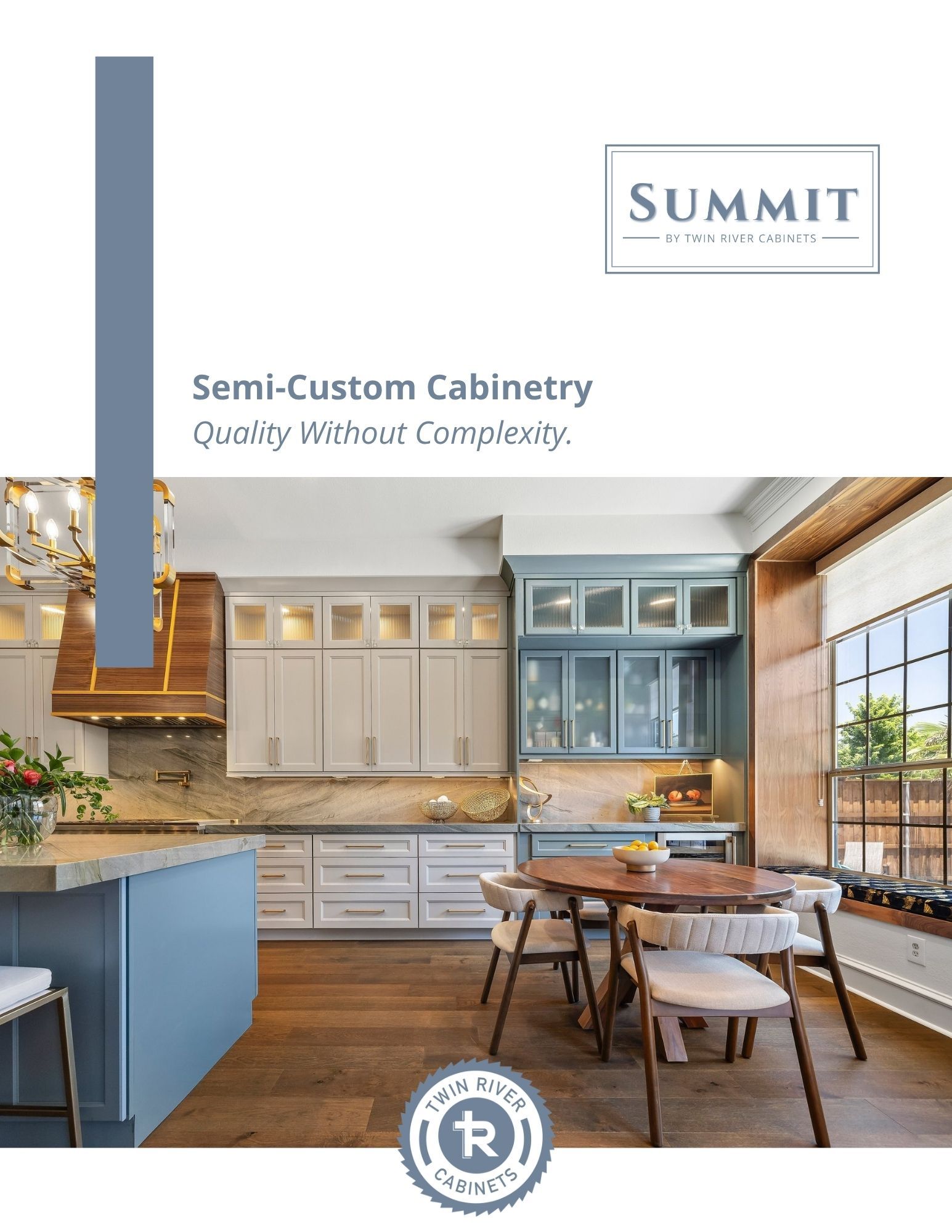 Summit by TRC guide cover featuring blue and white semi-custom kitchen cabinetry