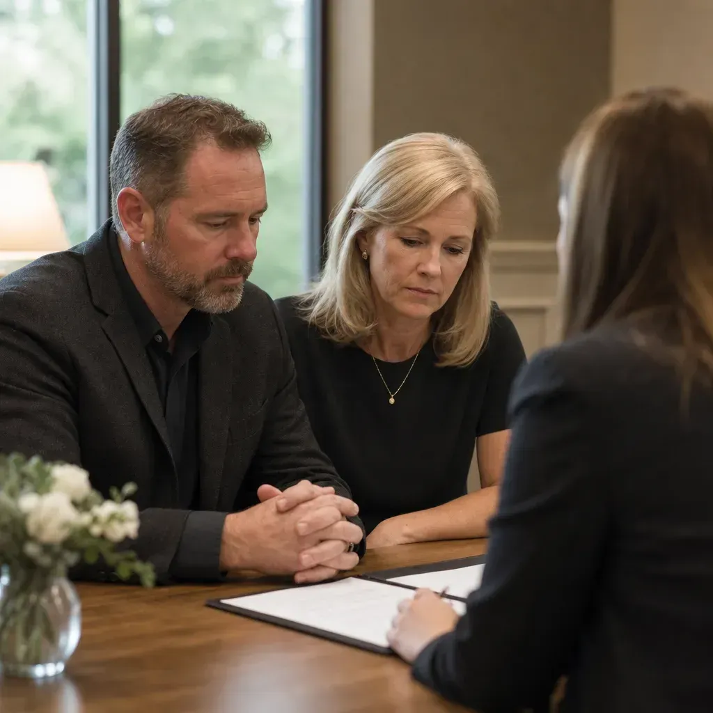 Solemn couple reviews papers with a funeral home director at a table in Muskegon, MI