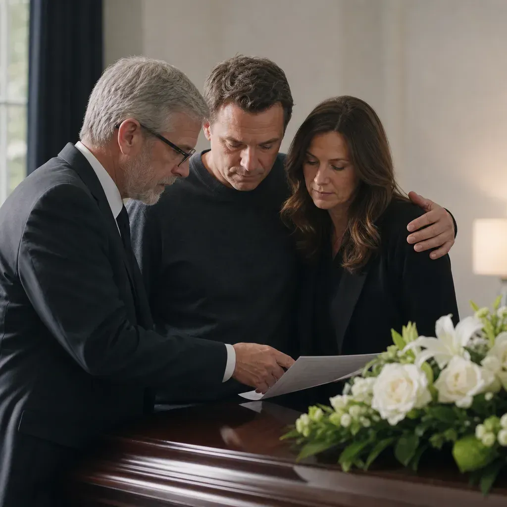 Funeral director in Lansing, MI reviews papers with grieving couple beside white roses