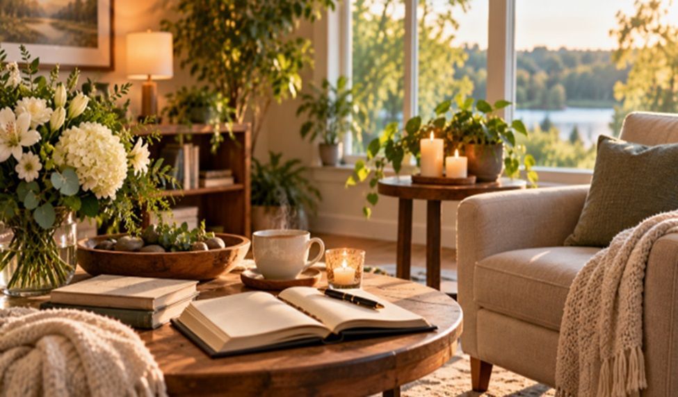 Comfortable sitting area with an open journal, flowers, candles, a teacup, and a window overlooking
