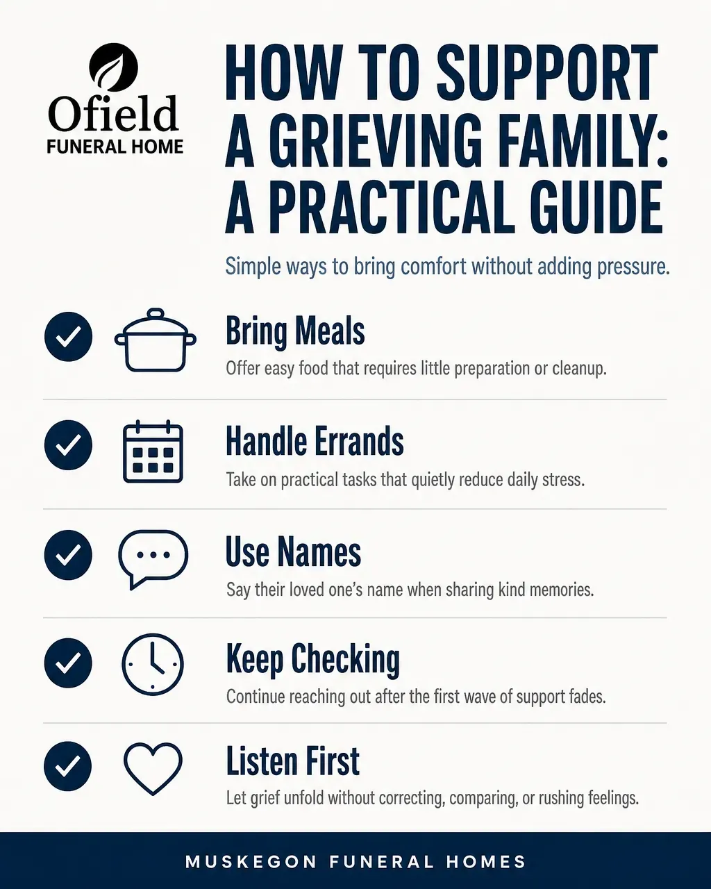 Muskegon, MI funeral home infographic lists grief support tips with blue check icons