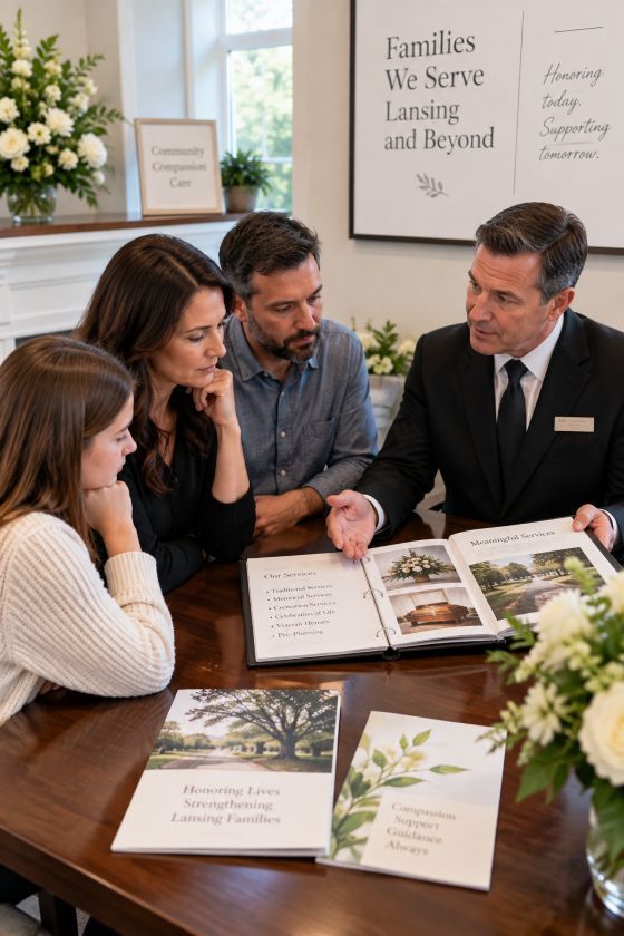 Caring funeral director reviewing service options with a family serving Lansing households