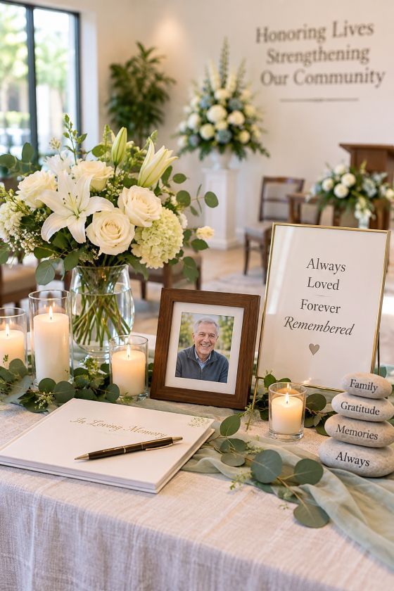 Peaceful memorial table with flowers and candles for families across Lansing